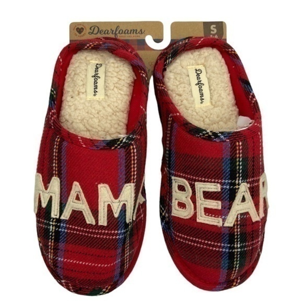 Dearfoams Slippers Memory Foam Red Plaid Mama Bear House Slippers Size‎ Small